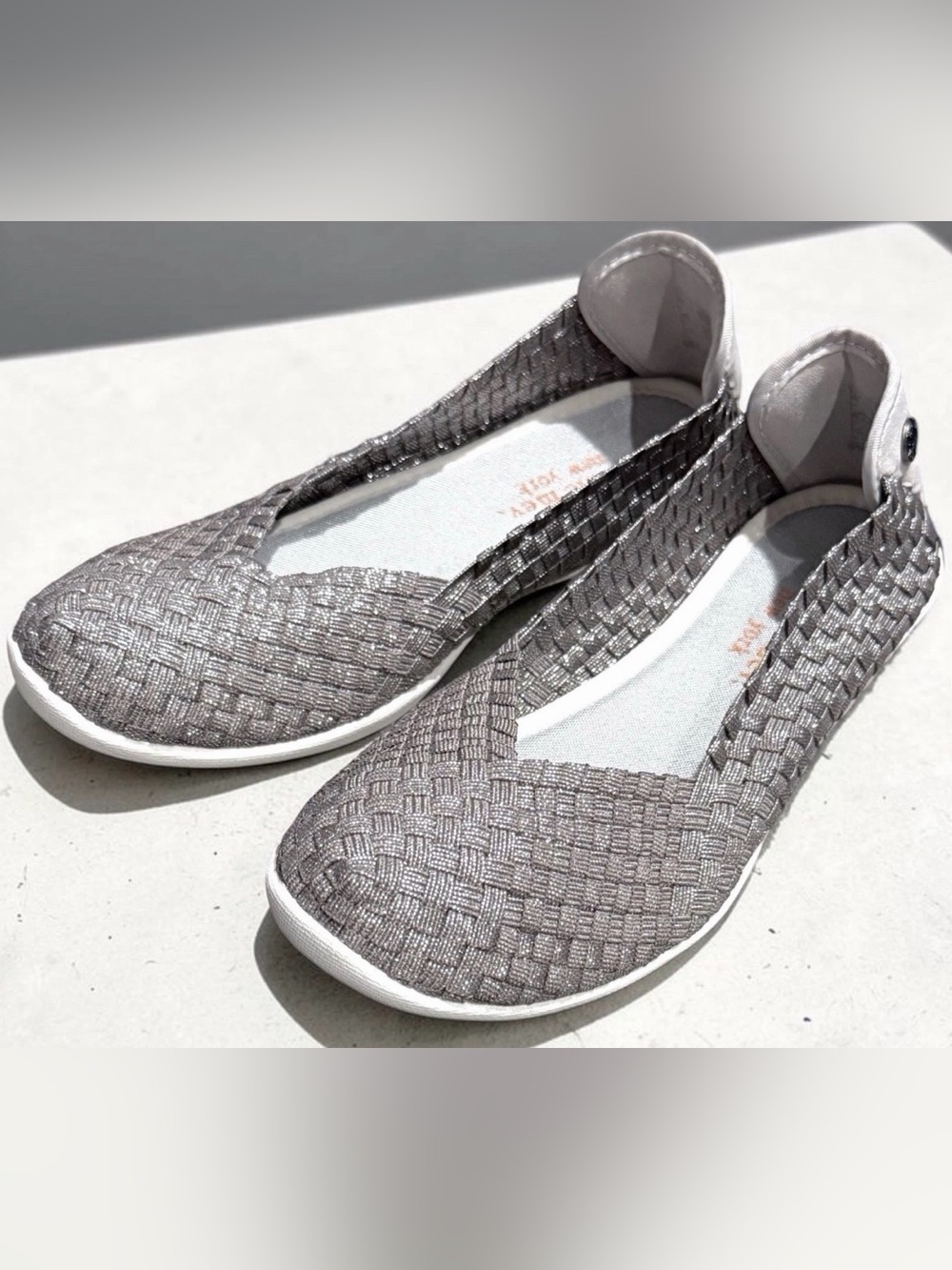 Women's Metallic Silver Gray Woven Slip-On Ballet Flats Bernie Mev Catwalk